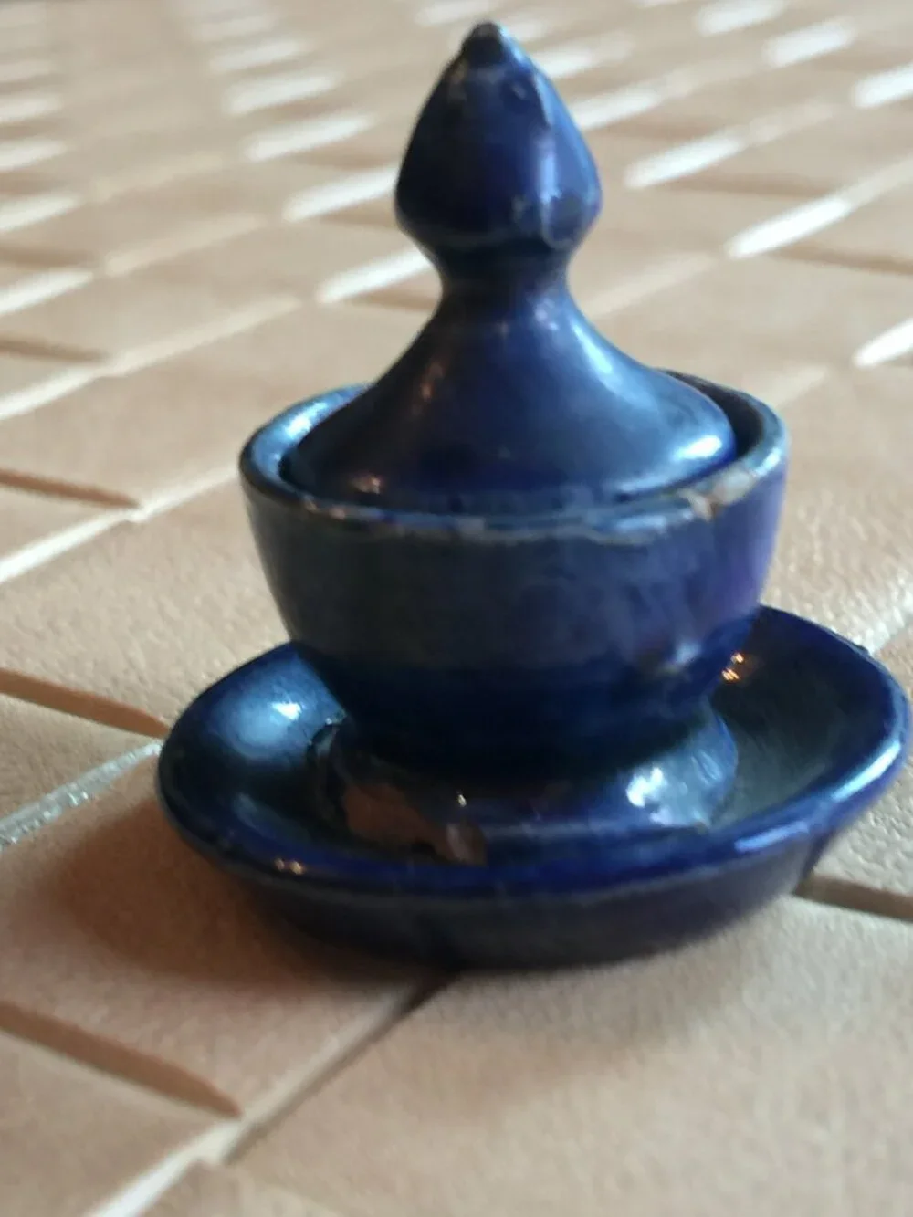 Vintage Japanese Miniature Tea Bowl with Lid Dark Blue 1 1/2